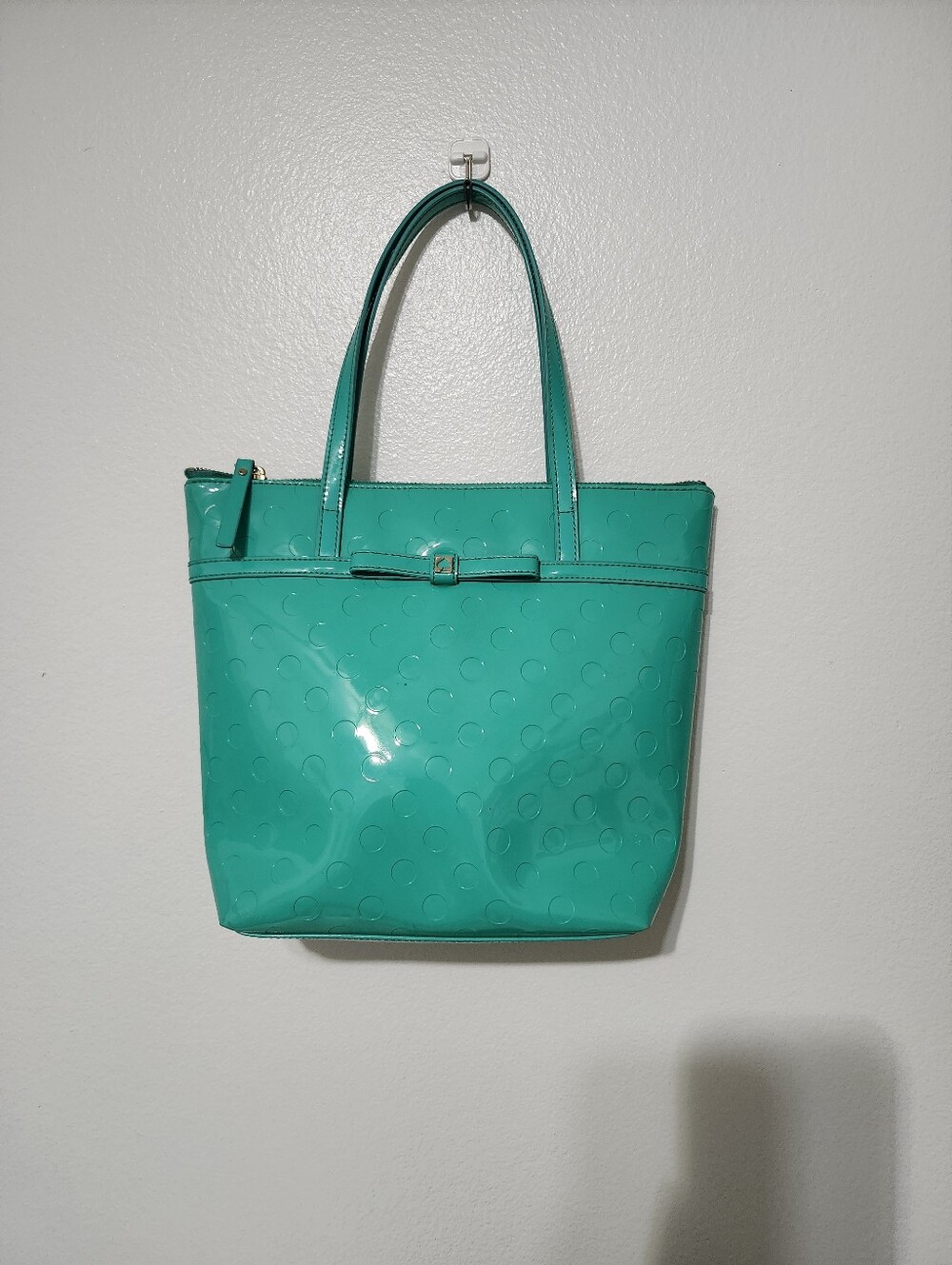 Kate Spade Glossy Teal Tote Bag with Subtle Dot Texture 12.5" X 10.5"